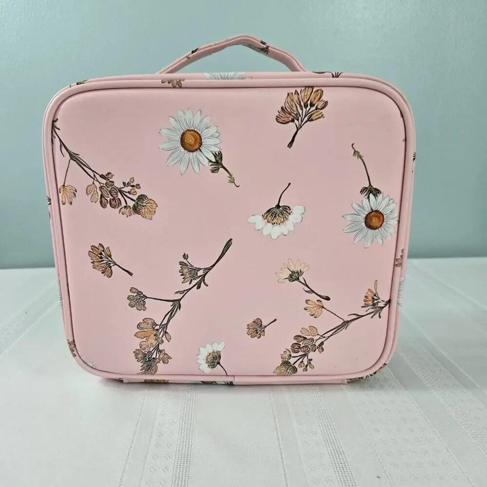Makeup Cosmetic Case with Moveable Dividers Zipper & Pouches Pink w/Daisies